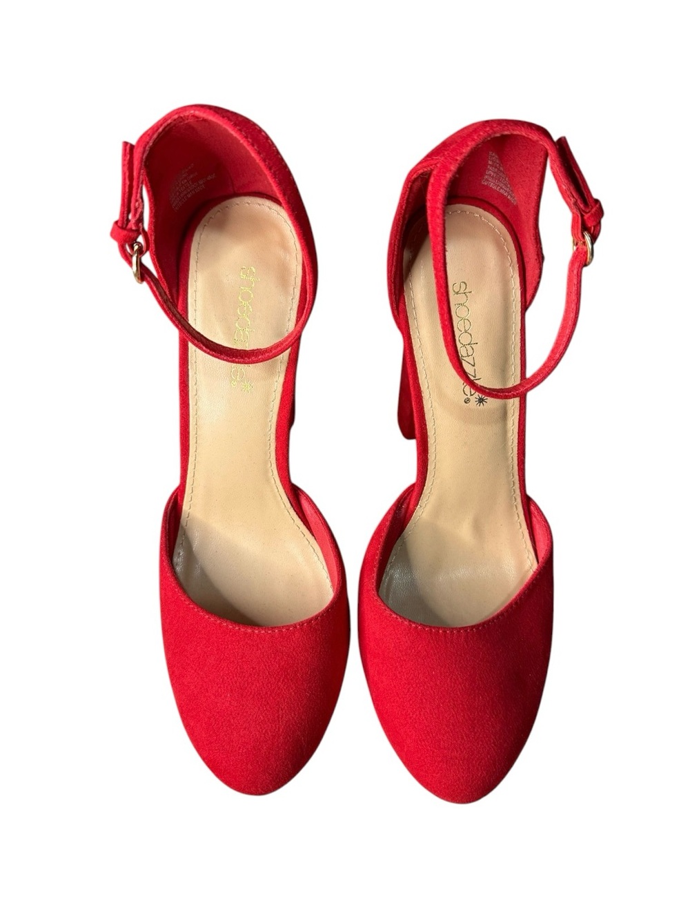 ShoeDazzle Red Faux Suede Block Heel Pumps Ankle Strap Women’s Size 9